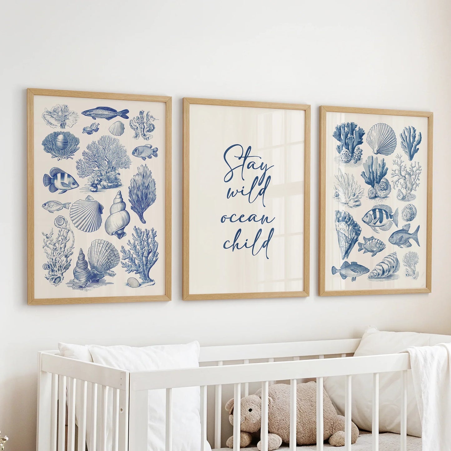 Coastal Sea Life Prints. Blue Sea Shells and Fish Print  Set  (online exclusive)