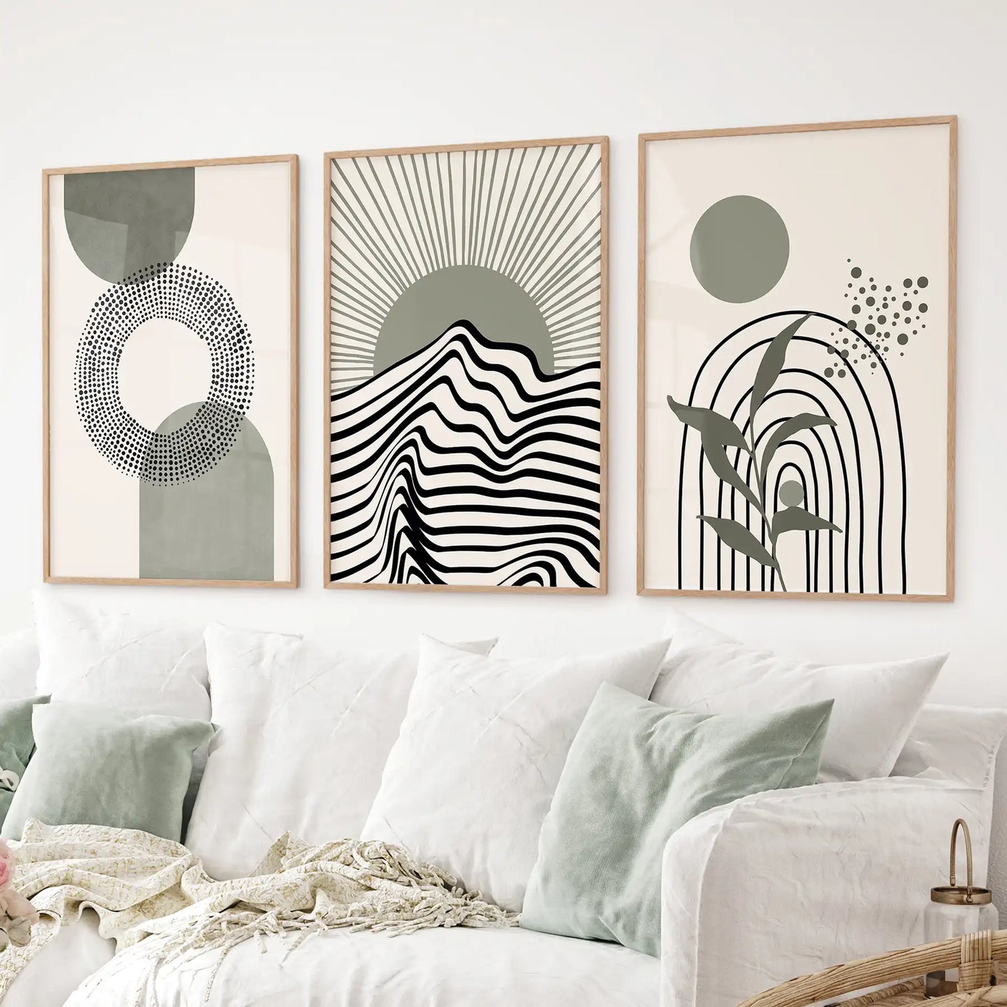 Boho Sage Green 3 Piece Wall Art. Mid-Century Art  Prints for Living Room  (online exclusive)