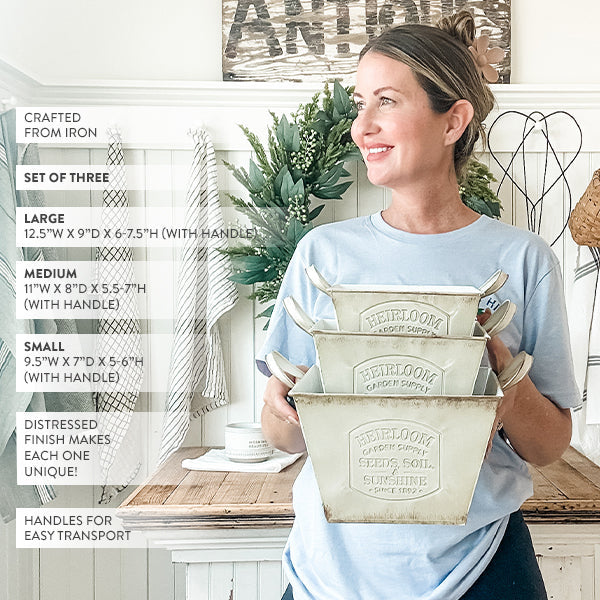 Vintage Inspired Heirloom Garden Supply Metal Planters, Set of Three (Online Exclusive)