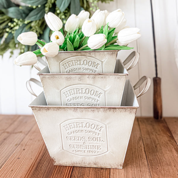 Vintage Inspired Heirloom Garden Supply Metal Planters, Set of Three (Online Exclusive)