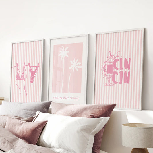 Preppy Coastal Girl Room Décor. Set of 3 Pink Summer  Prints  (online exclusive)