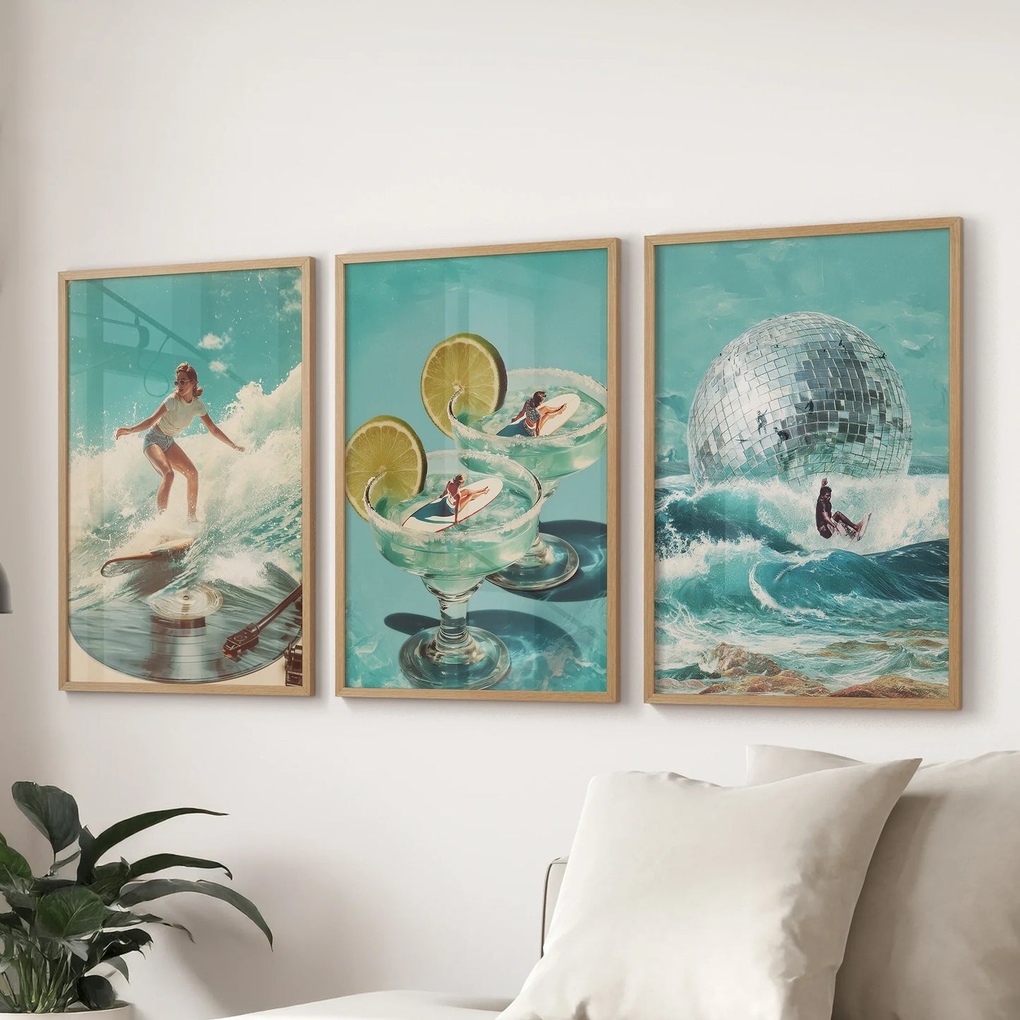 Retro Coastal Surfing Wall Art Set of 3. Surreal Blue Wave  (online exclusive)