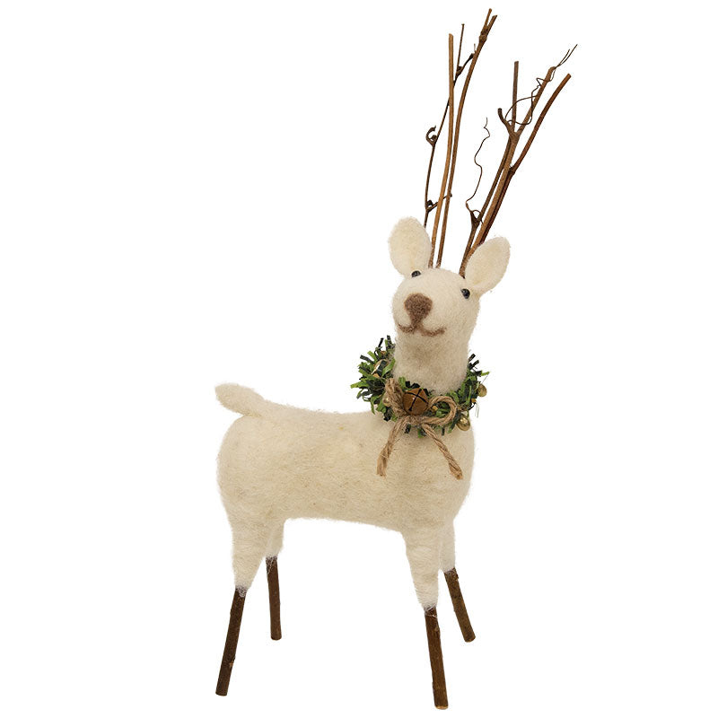 Lg. Felted White Standing Reindeer Ornament