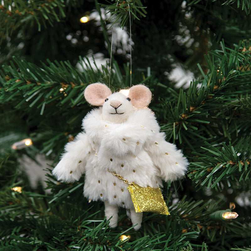 Christmas Fur Coat Mouse Felted Ornament