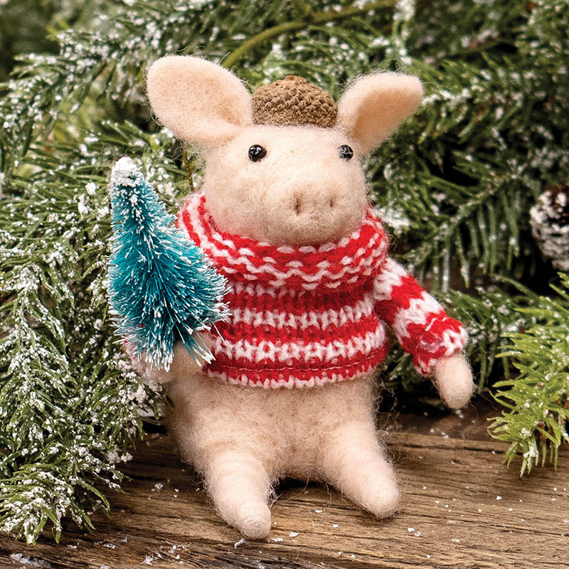 Pig with Tree Felted Ornament