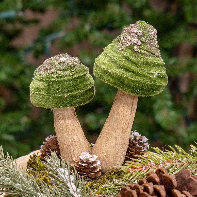 Green Velvet Glittered Mushrooms Sitter