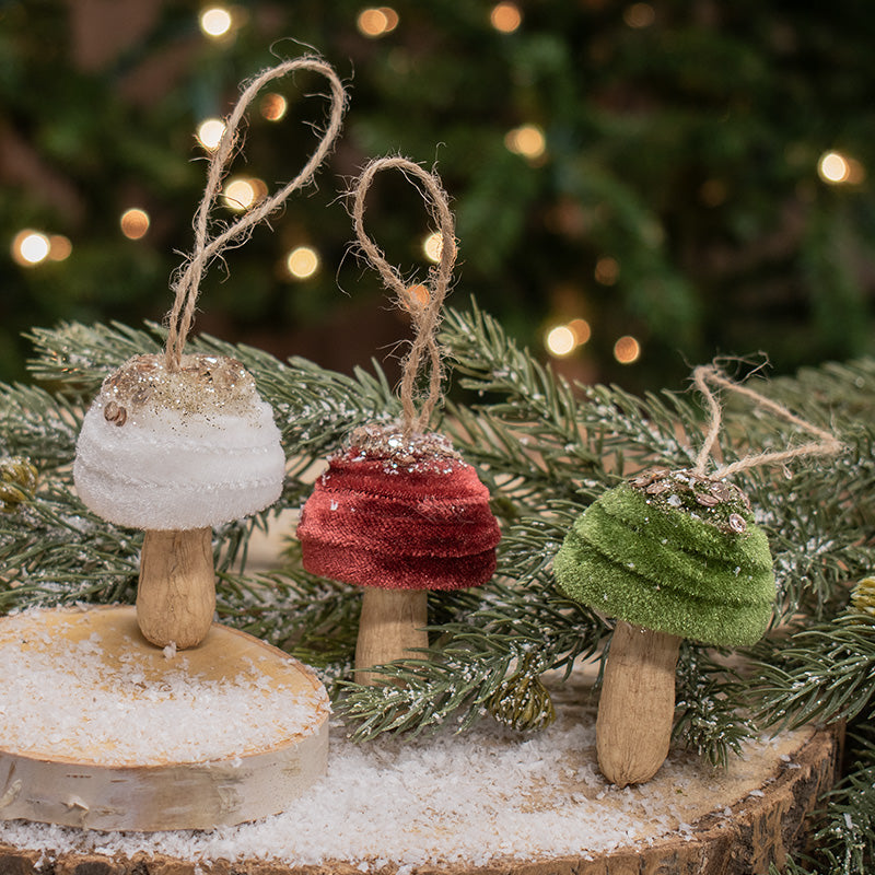 Velvet Glittered Mushroom Ornament, 3 Asstd.