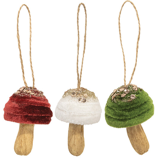 Velvet Glittered Mushroom Ornament, 3 Asstd.