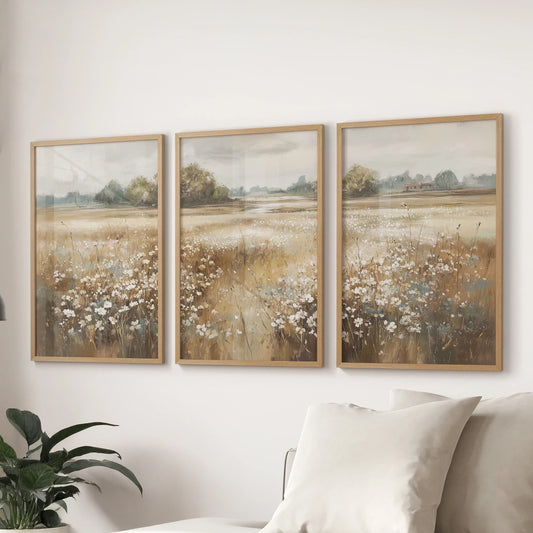 Neutral Floral Field Art Set of 3. Rustic Landscape  (online exclusive)