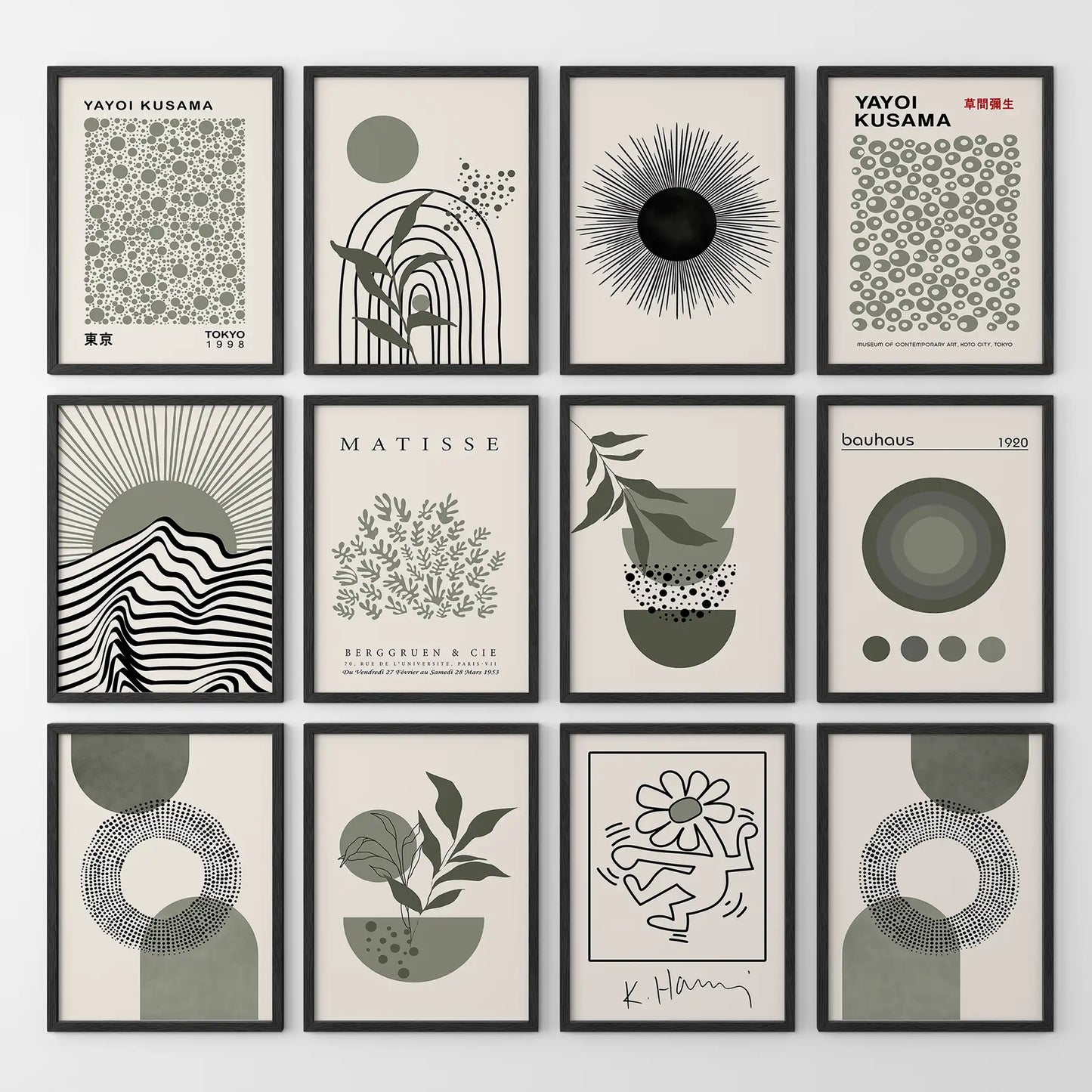 Set of 12 Sage Green Art. Abstract Matisse, Bauhaus  MCM Prints  (online exclusive)