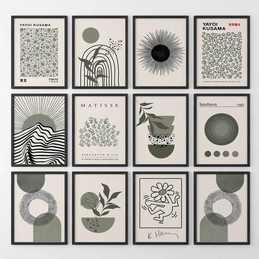 Set of 12 Sage Green Art. Abstract Matisse, Bauhaus  MCM Prints  (online exclusive)