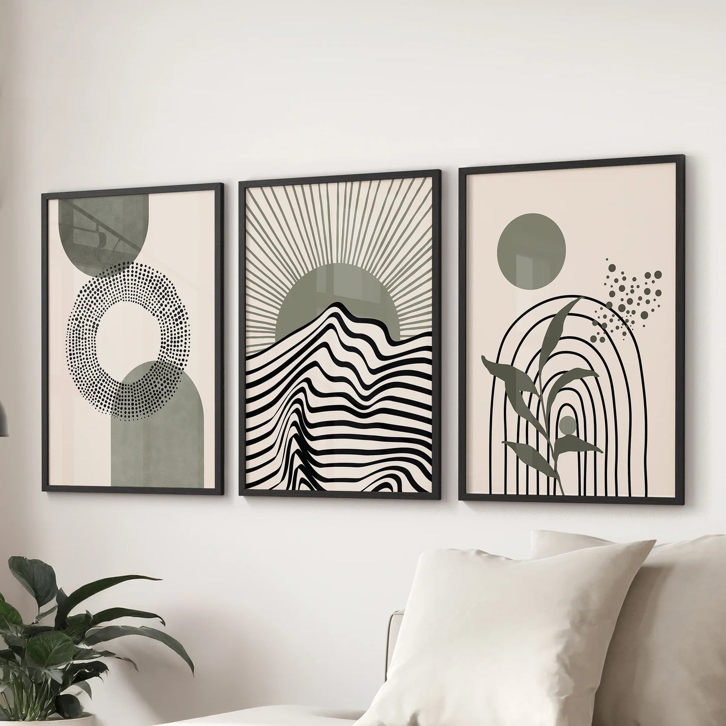 Boho Sage Green 3 Piece Wall Art. Mid-Century Art  Prints for Living Room  (online exclusive)