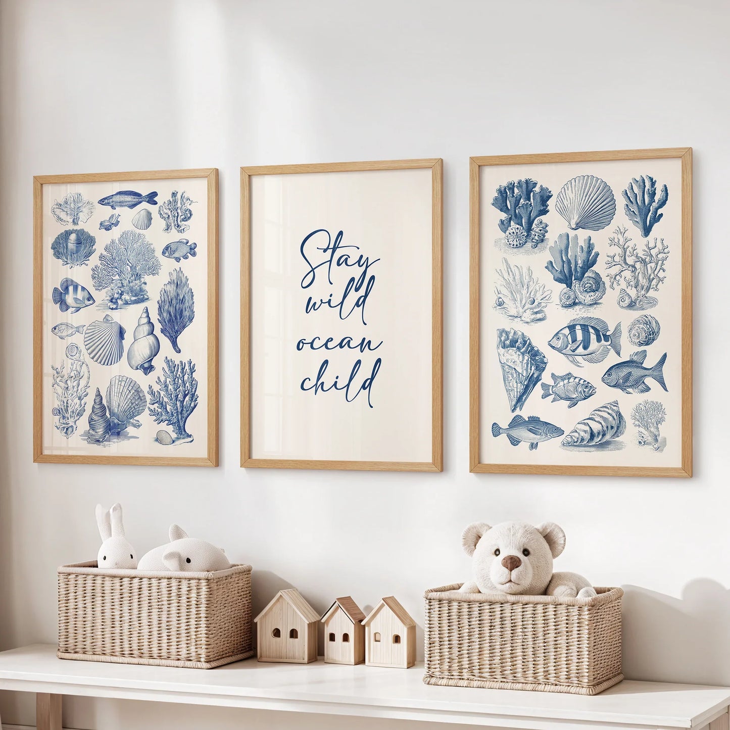 Coastal Sea Life Prints. Blue Sea Shells and Fish Print  Set  (online exclusive)