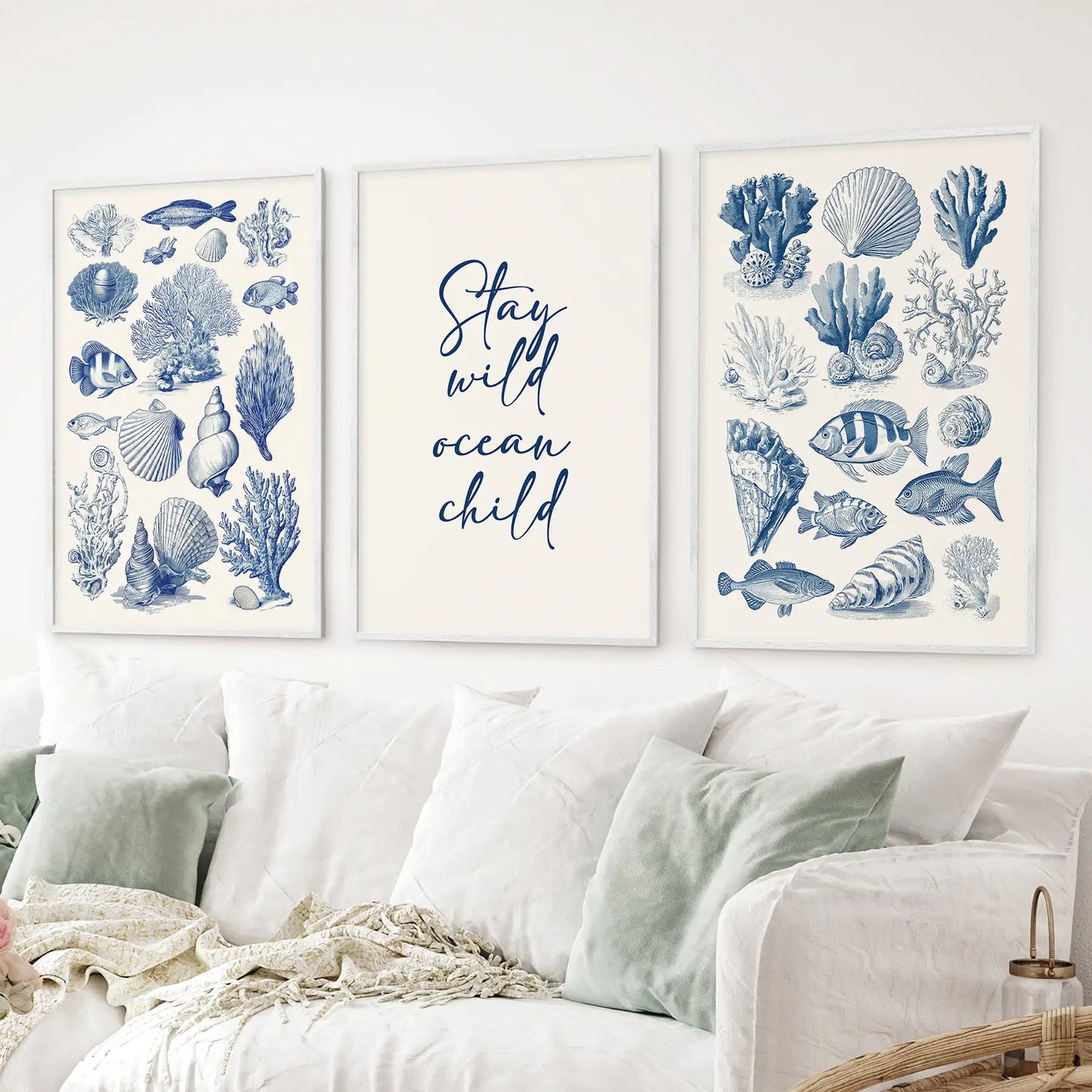 Coastal Sea Life Prints. Blue Sea Shells and Fish Print  Set  (online exclusive)