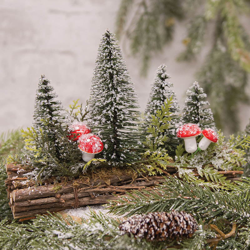 Snowy Trees and Mushrooms on Bundle of Sticks