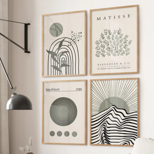 Modern Sage Green Wall Art. Set of 4 Bauhaus and Matisse-Inspired Prints  (online exclusive)