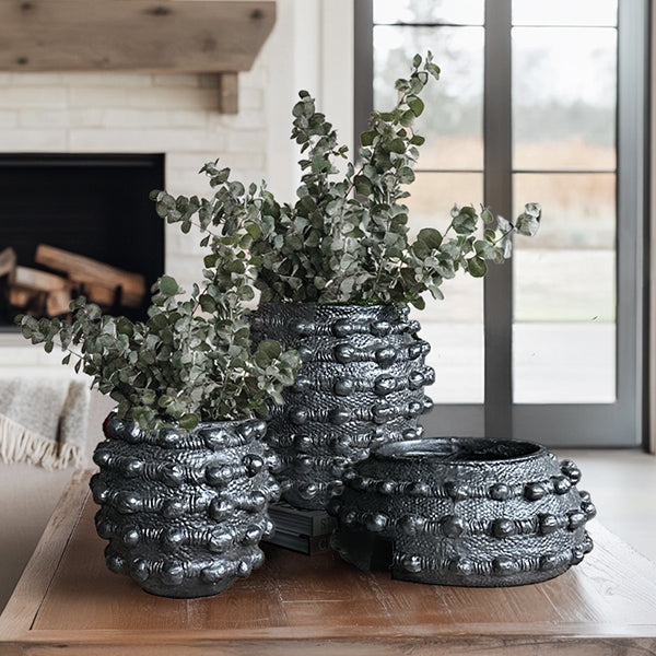 Handcrafted Textured Outdoor Matte Black Planters, Set of 3 (Online Exclusive)