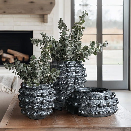 Handcrafted Textured Outdoor Matte Black Planters, Set of 3 (Online Exclusive)