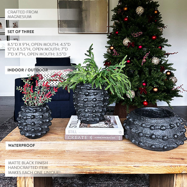 Handcrafted Textured Outdoor Matte Black Planters, Set of 3 (Online Exclusive)