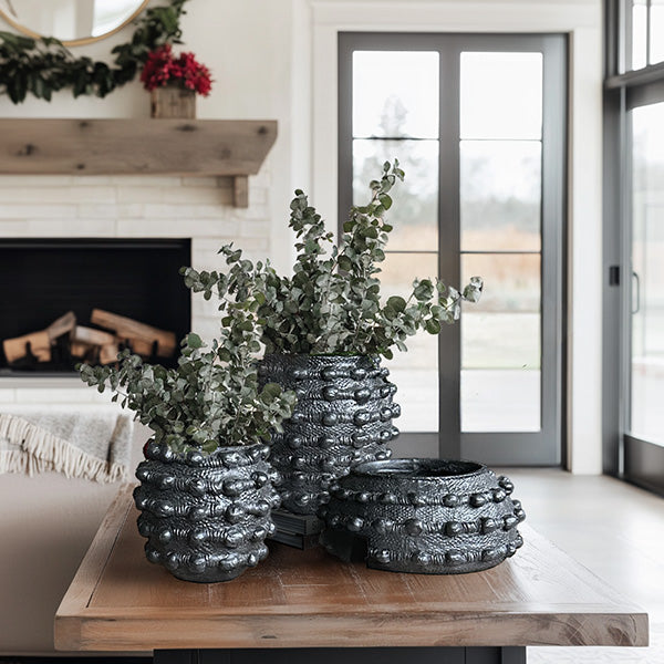 Handcrafted Textured Outdoor Matte Black Planters, Set of 3 (Online Exclusive)