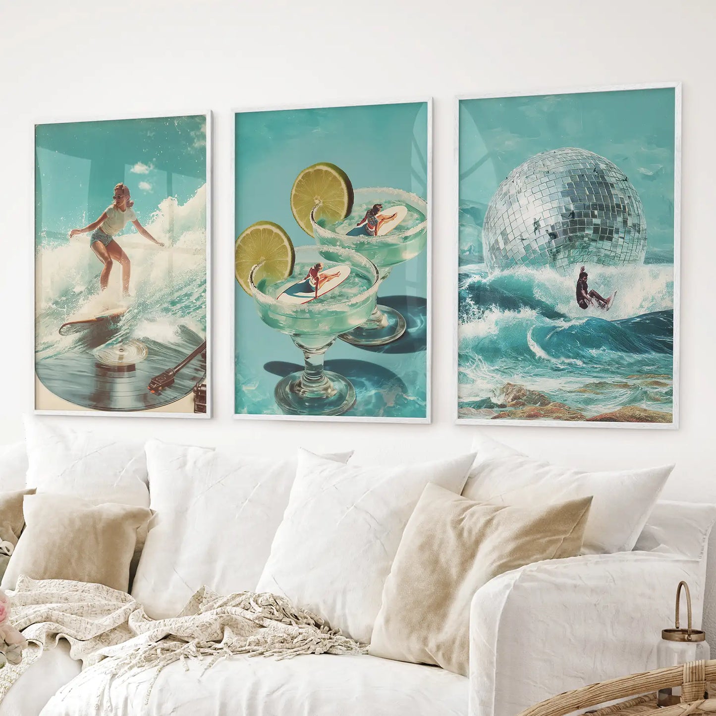 Retro Coastal Surfing Wall Art Set of 3. Surreal Blue Wave  (online exclusive)