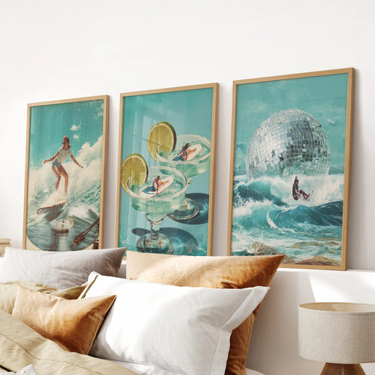 Retro Coastal Surfing Wall Art Set of 3. Surreal Blue Wave  (online exclusive)