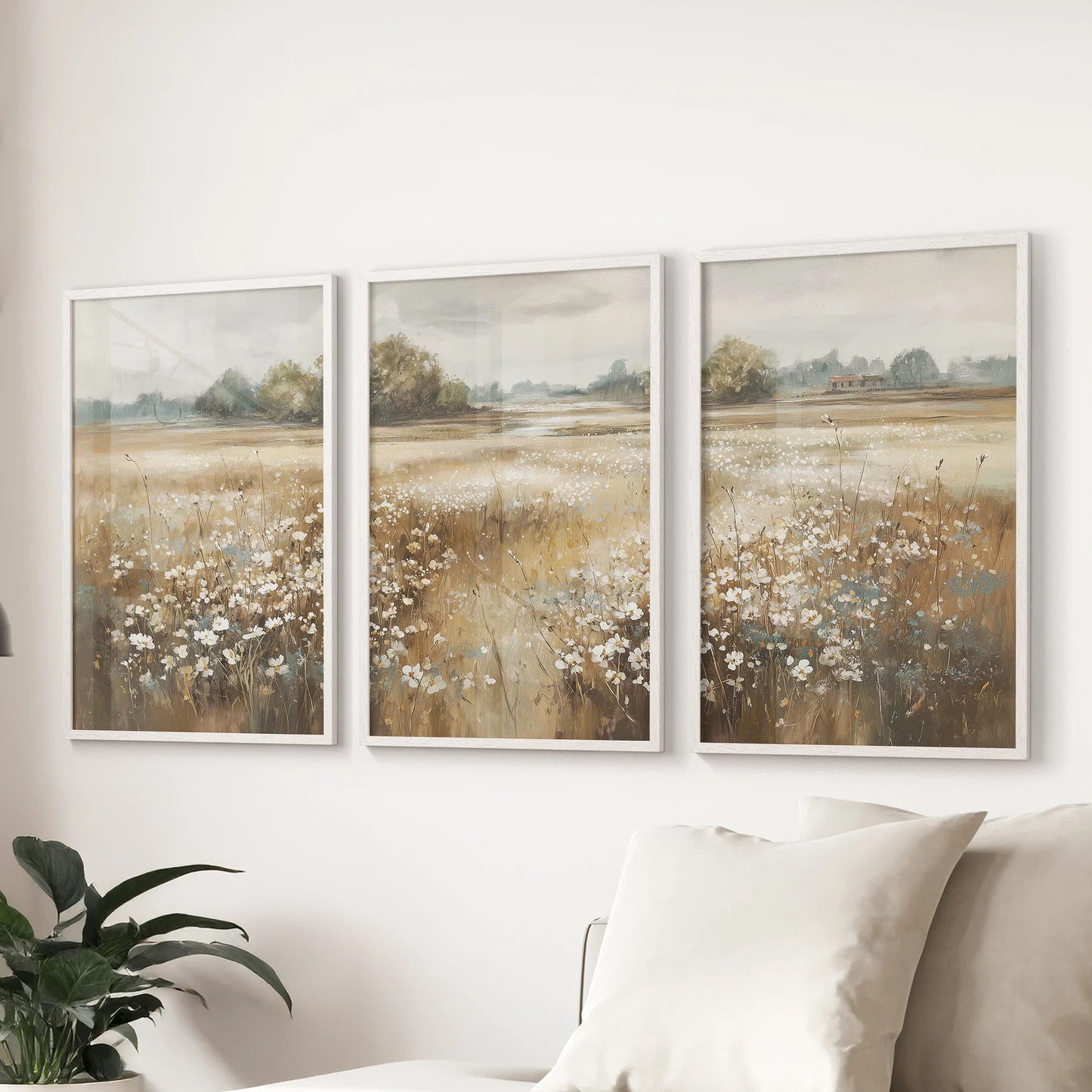 Neutral Floral Field Art Set of 3. Rustic Landscape  (online exclusive)