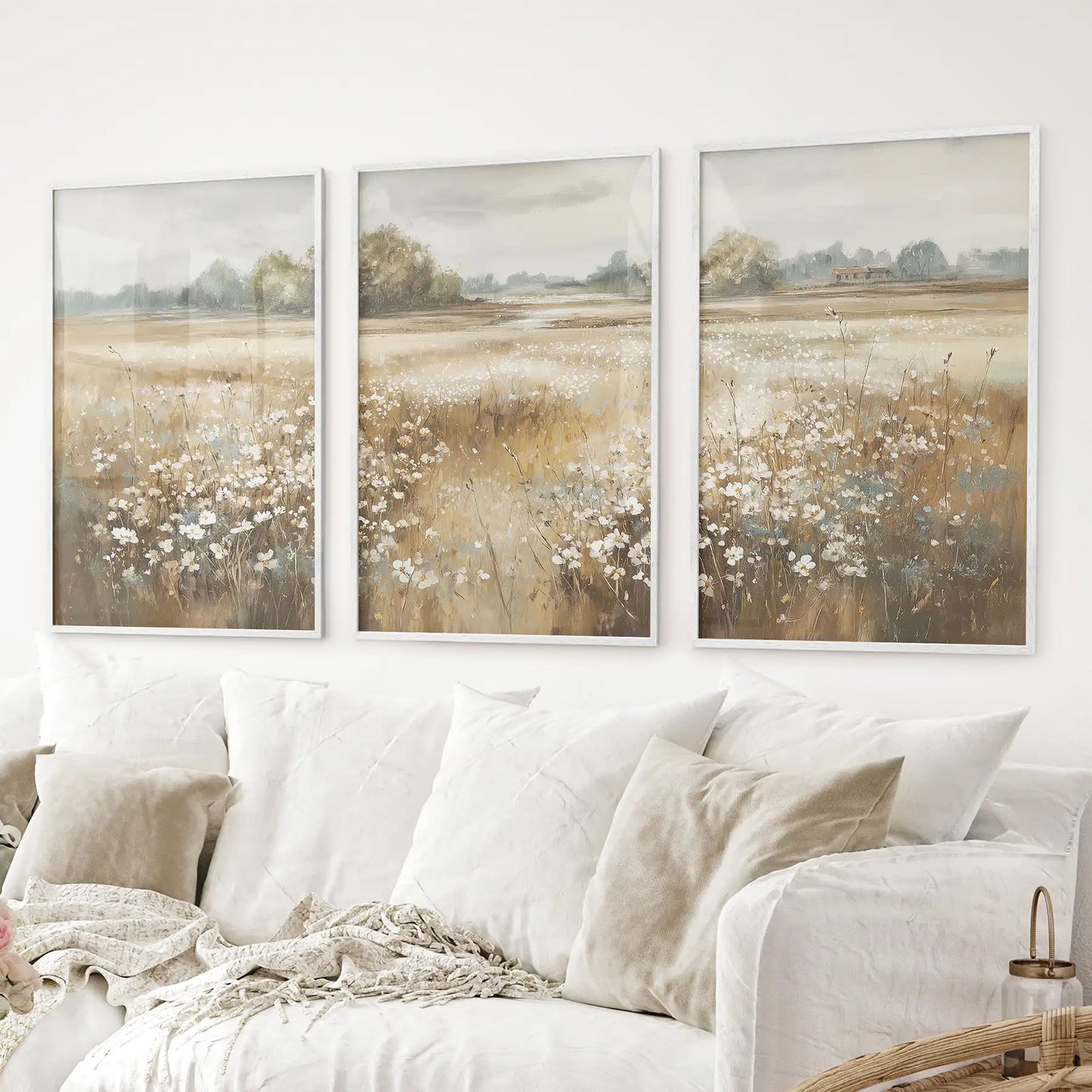 Neutral Floral Field Art Set of 3. Rustic Landscape  (online exclusive)