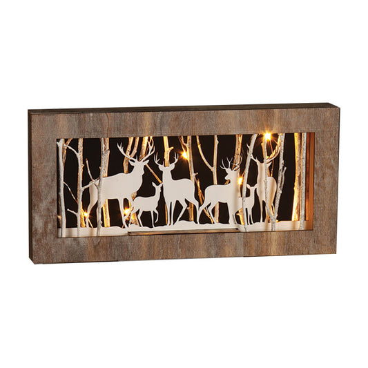 SM. WHITE WASH DEER FRAME W/TWIG & LED TIMER LIGHT