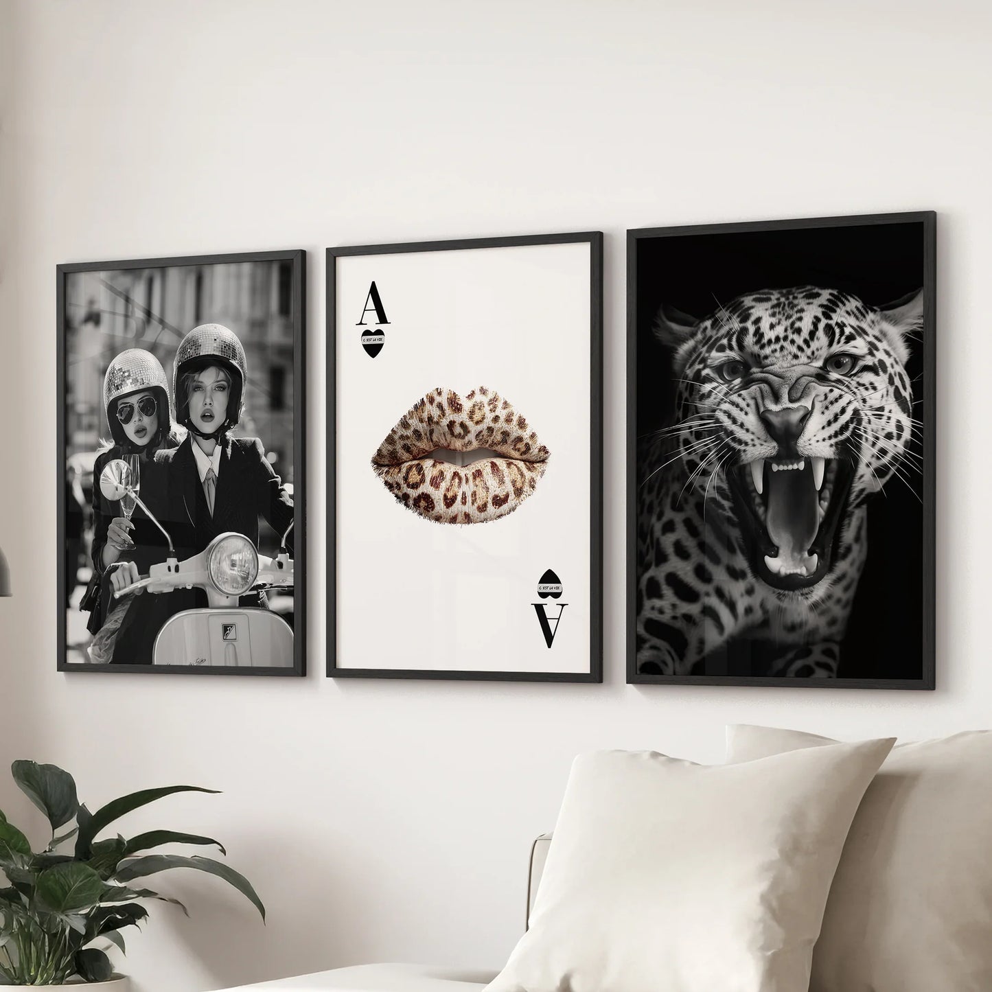 Black White Fashion Set of 3 Prints. Leopard, Lips, Scooter  (online exclusive)