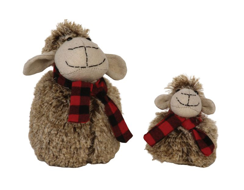 Sm. Plush Furry Sheep w/Red/Black Plaid Scarf