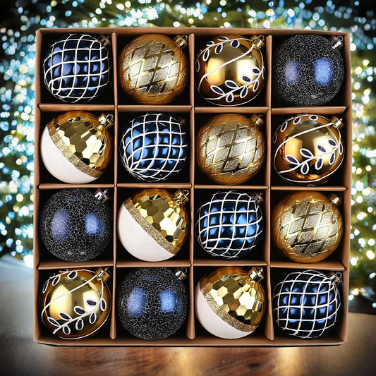 Festive Gold and Frosted Blue 16pc Ornament Set