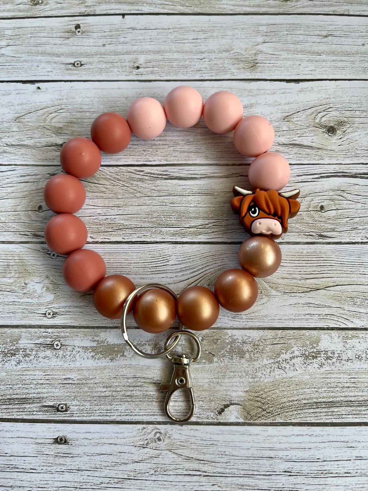 Rosy Highland Cow Silicone Beaded Keychain