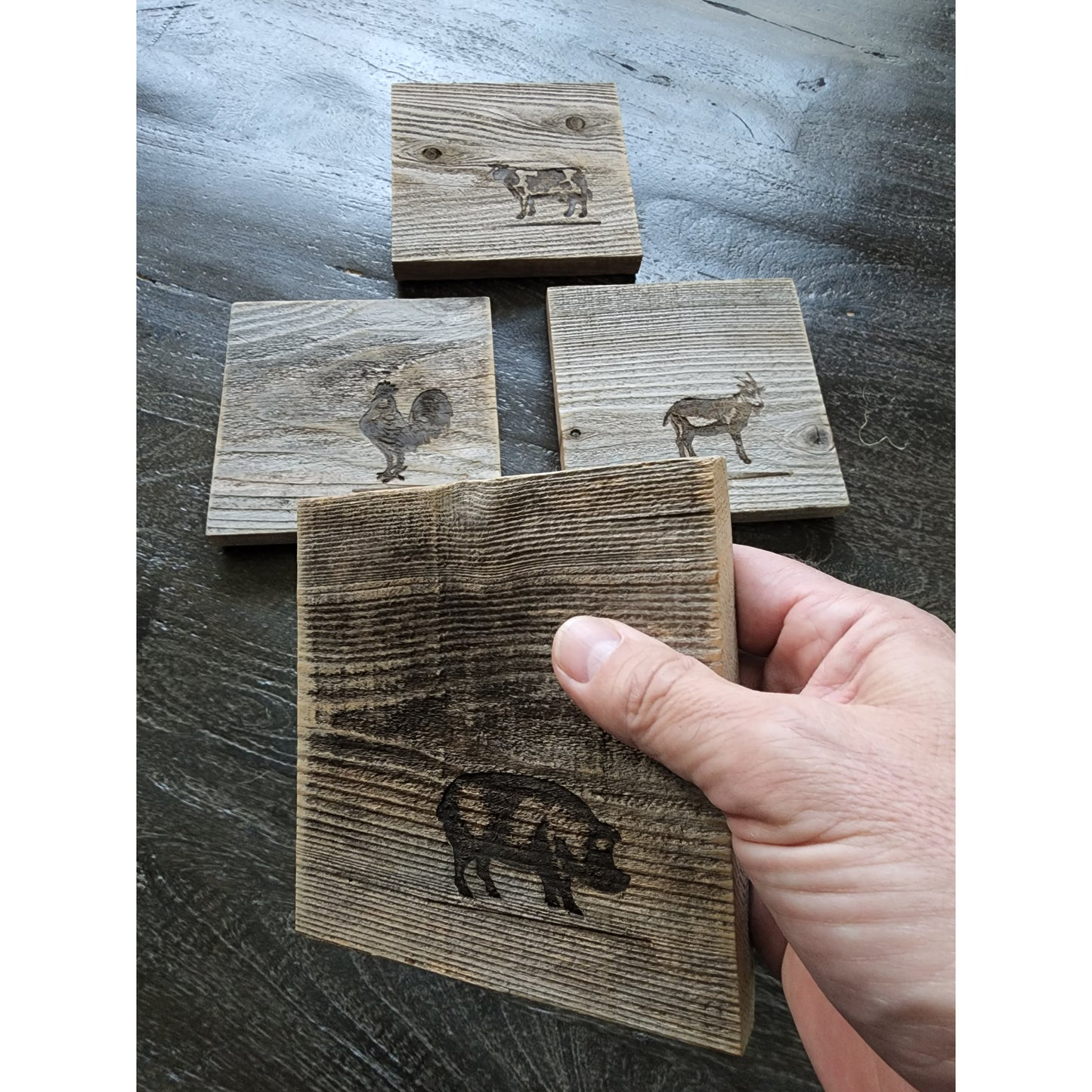 Reclaimed Wood Coasters Set - Farm Animals