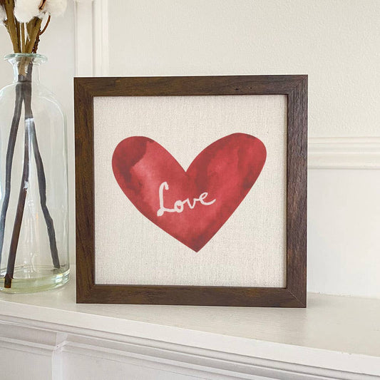 Watercolor Love Heart Red Framed Sign