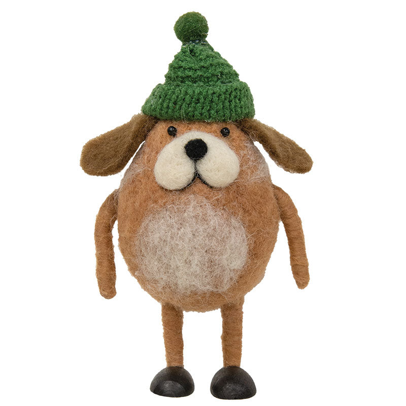 Felted Dog w/Green Hat Ornament