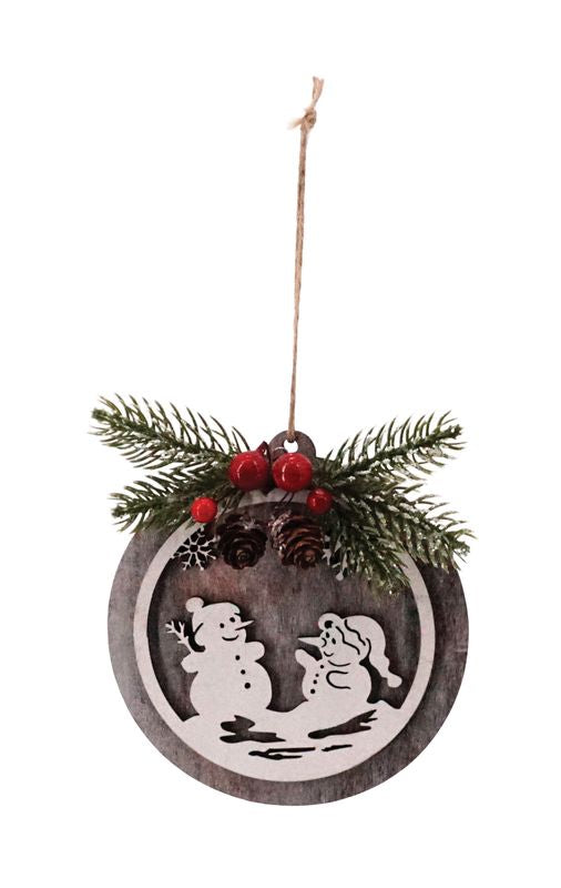 Round Wooden Snowman Scene w/Pine Spray Ornament